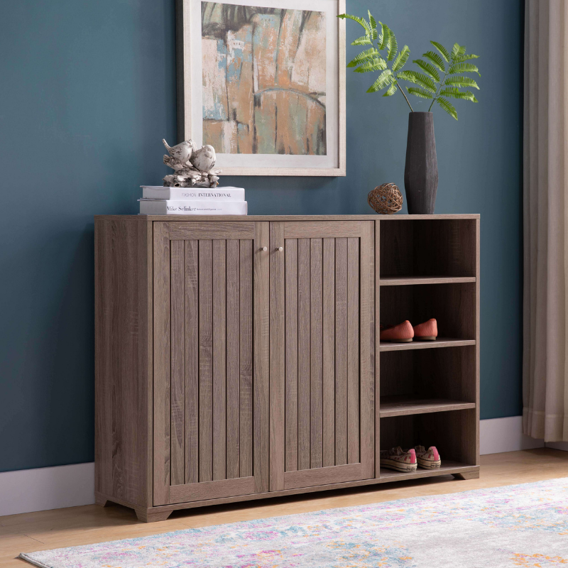 Front view of the modern wood shoe organizer showing its dark taupe finish and spacious shelves.