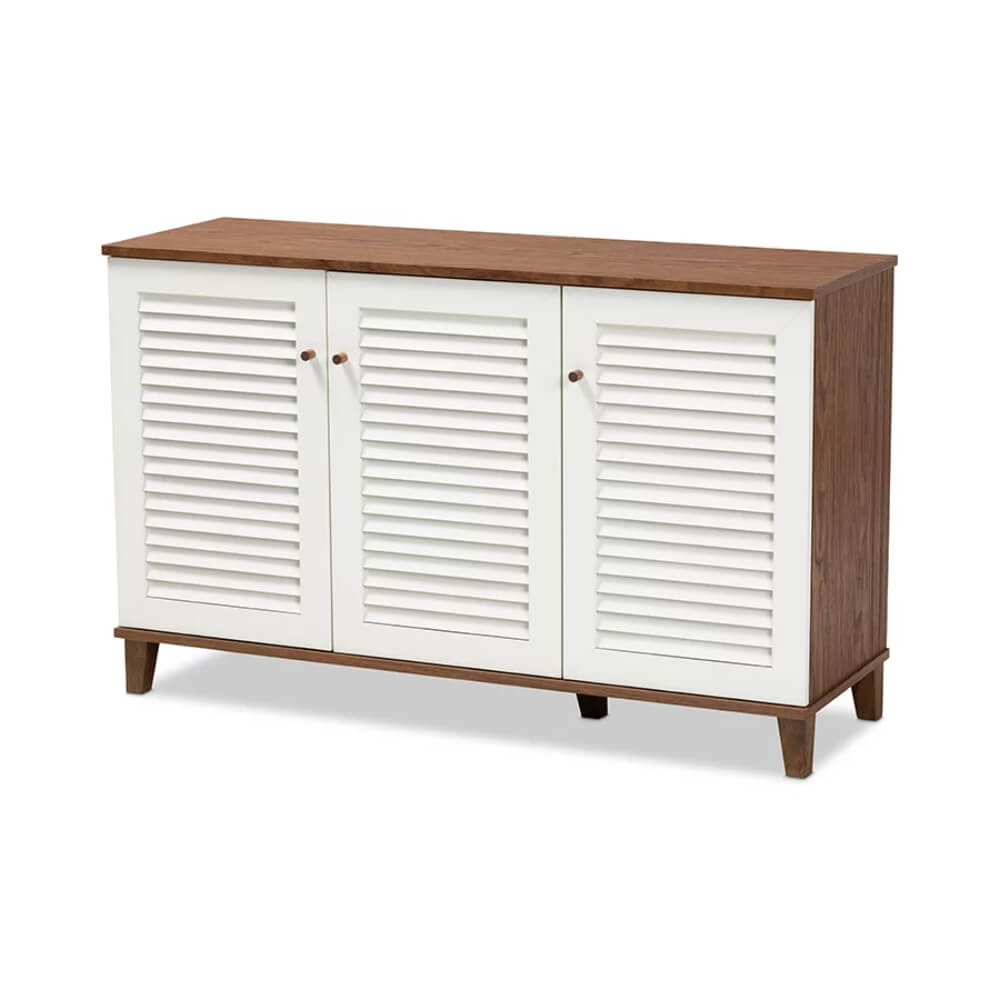 Front view of the Elegant 8-Shelf Walnut Shoe Cabinet, highlighting its slatted doors and stylish legs.