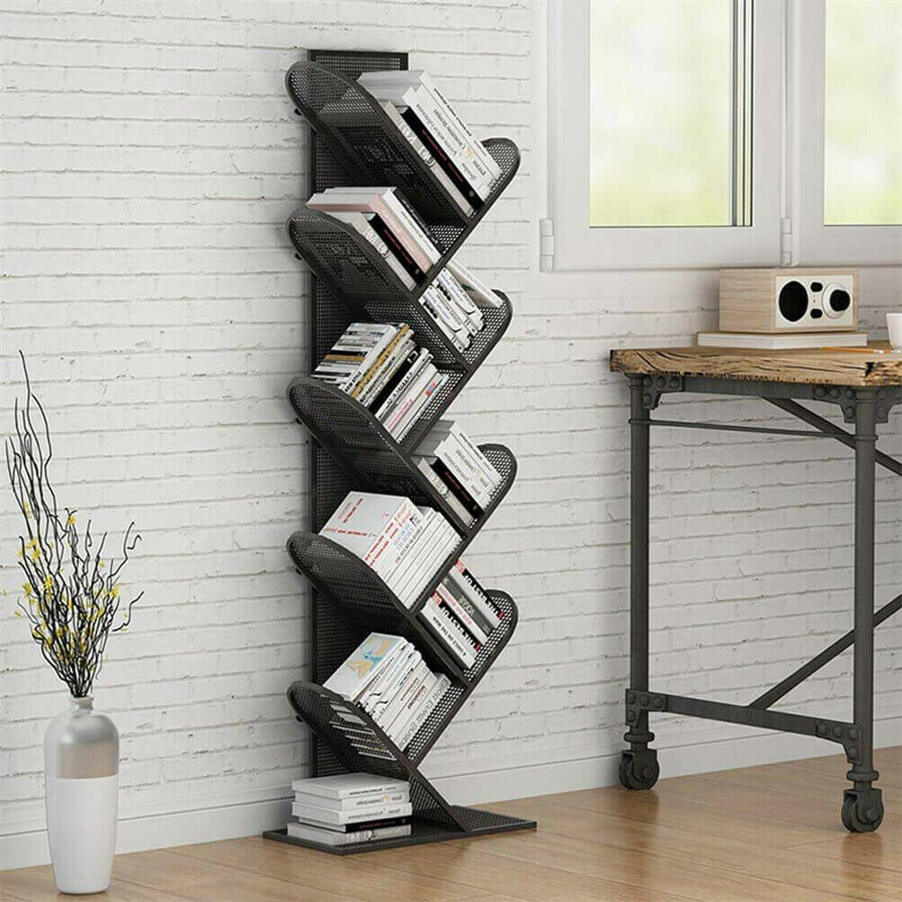 Front view of the Urban 8-Tier Metal Tree Bookshelf showcasing its unique design and sleek black finish.