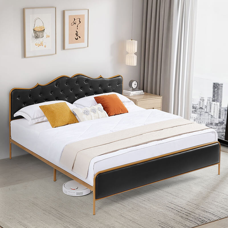 Angled side view of black king size bed frame showing ergonomic buckle backrest and platform design