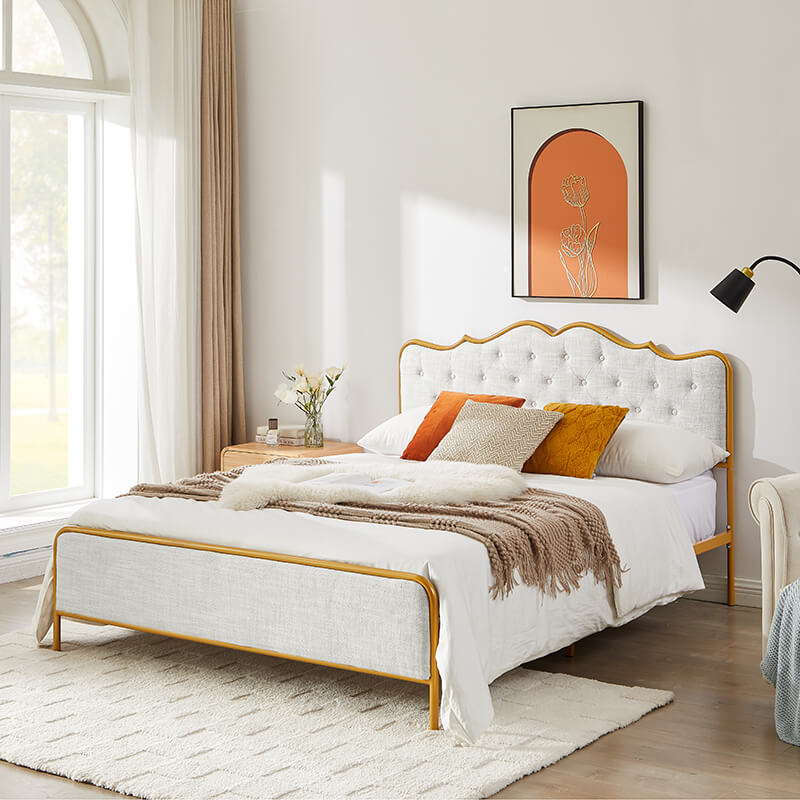 Side view of the light gray modern king size metal bed frame with backrest.