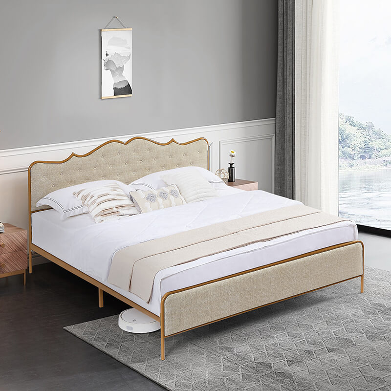 Light Carmel king size bed frame with buckle design from the side