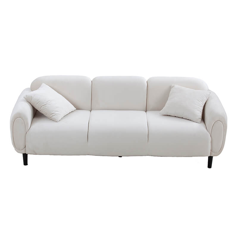 Front view of Montera beige velvet 3-seater sofa with modern armrest detailing