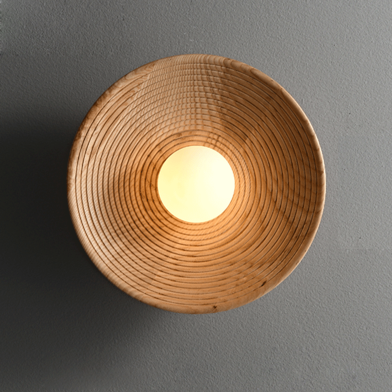 Close-up of the wooden lamps intricate design and smooth finish.