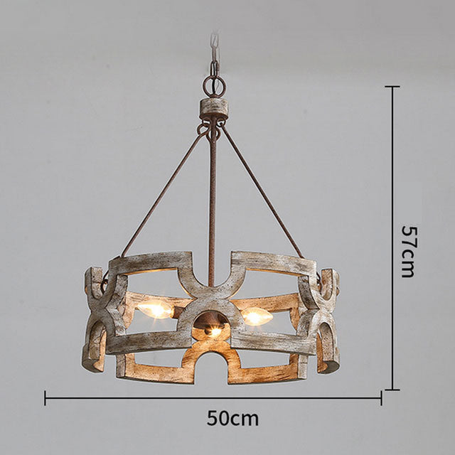 Close-up of the chandeliers intricate details, highlighting the quality wood and metal craftsmanship.