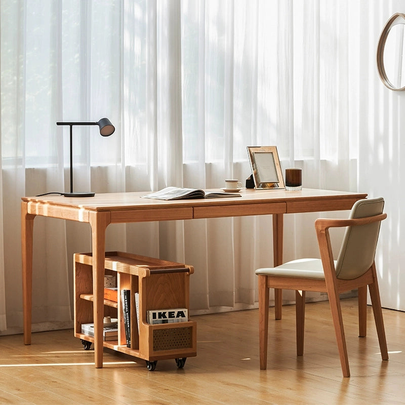 Side view of the cherry wood office desk with floating cabinet installed.