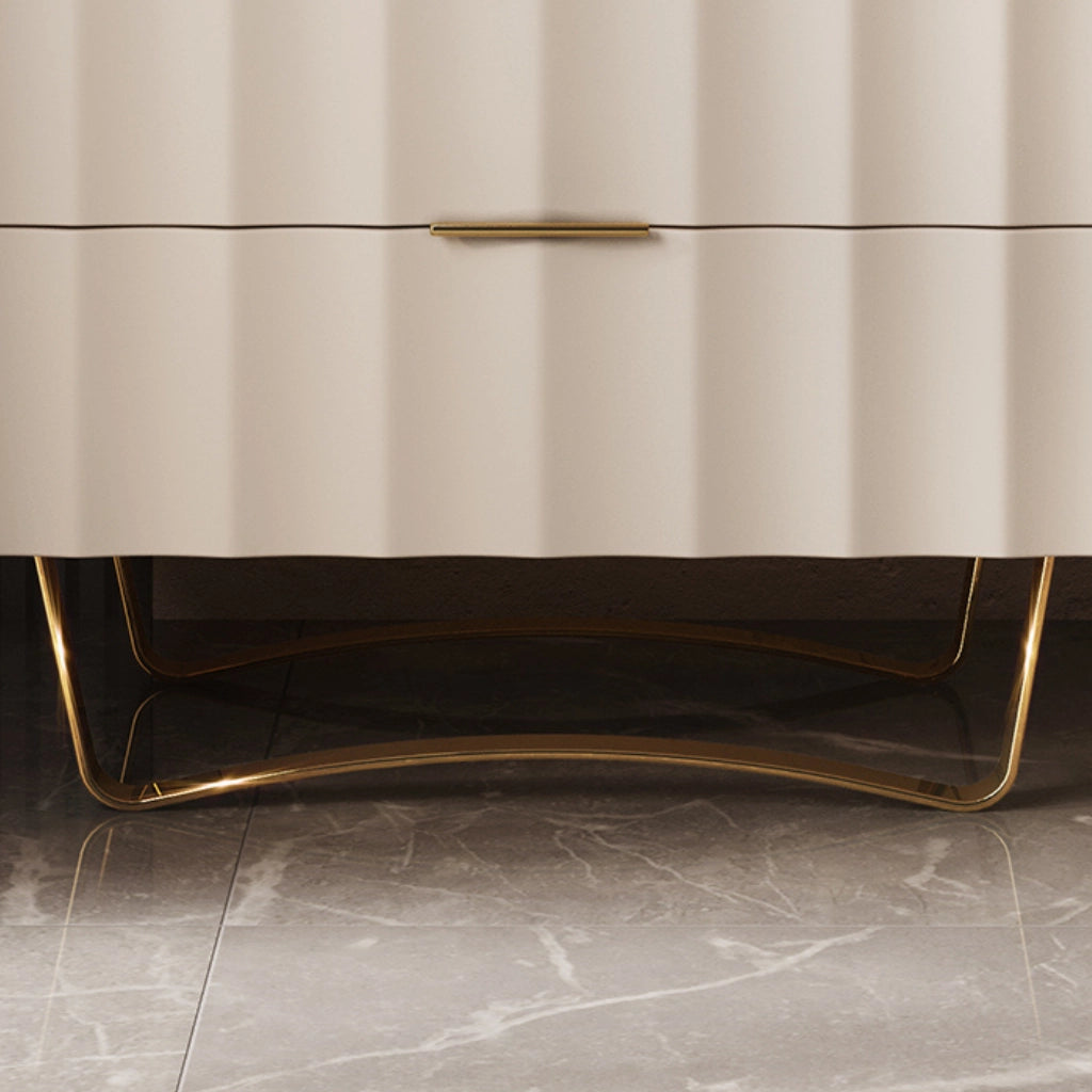 Side view highlighting the sleek stainless steel legs of the modern nightstand.