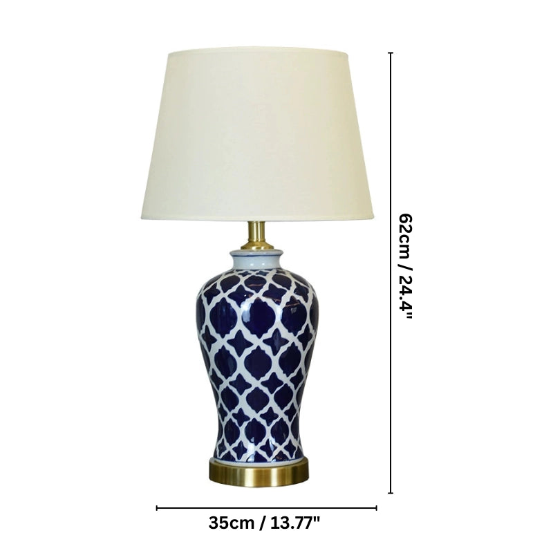 Ceramic lamp on a vintage side table emitting warm ambient light