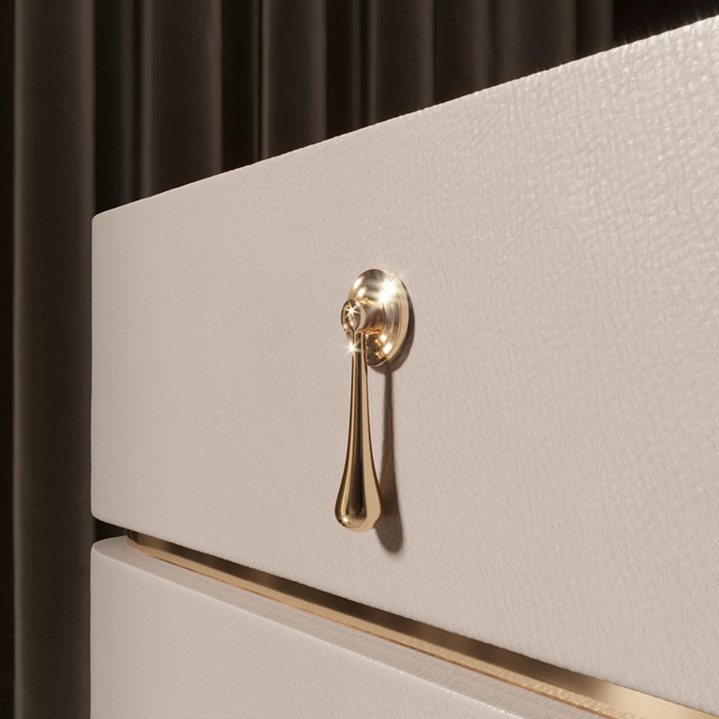 Close-up of the luxurious PU leather texture on the nightstand.