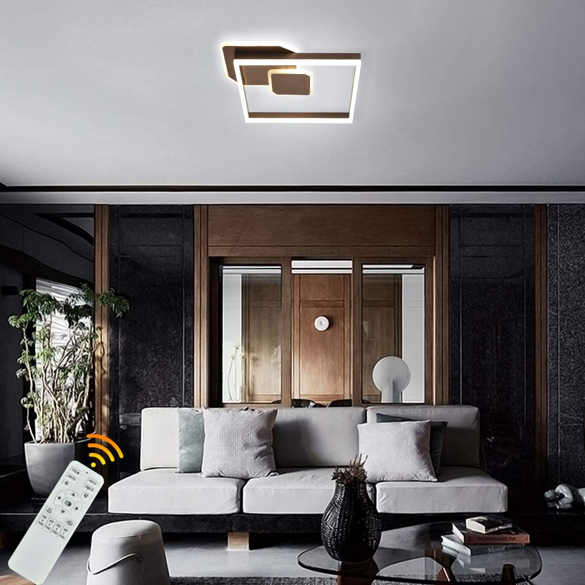 Square LED flush mount ceiling light with brushed finish and remote control for customizable lighting.