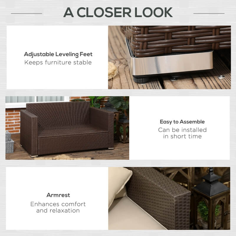 Beige outdoor wicker loveseat on a patio setting with throw pillows