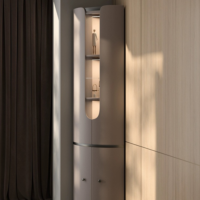 Modern Italian corner cabinet for sale in a luxurious setting, emphasizing its champagne gold and titanium color.