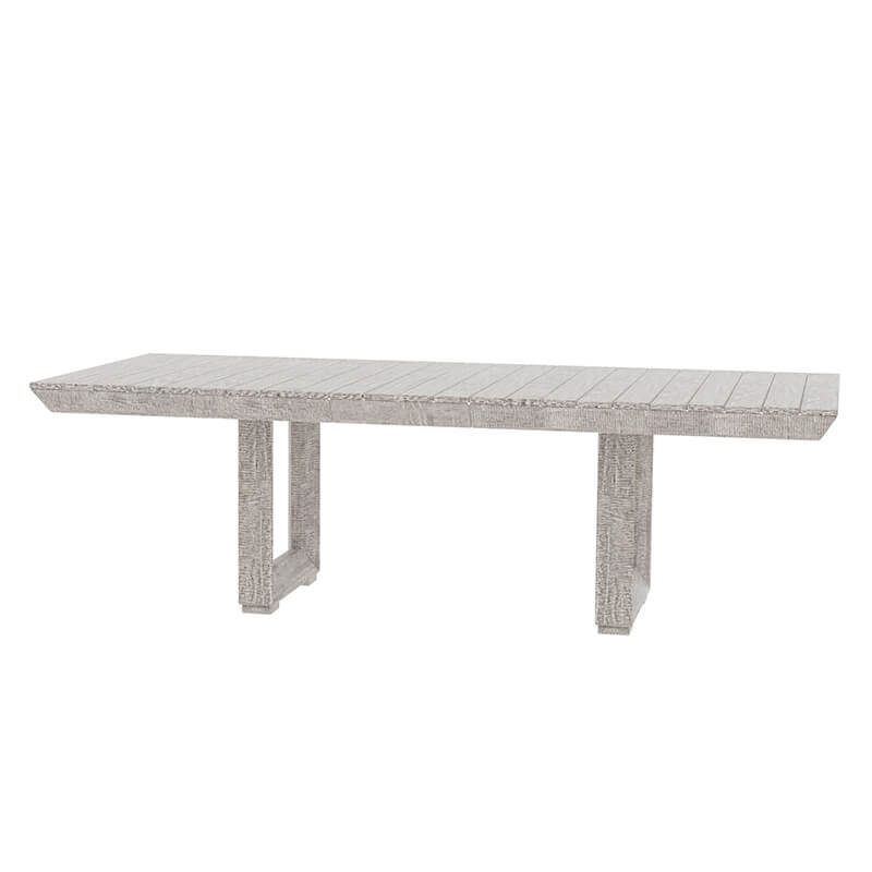 Detail of the farmhouse tables weathered gray finish and beveled top.