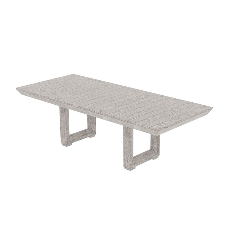Extended view of the rustic rectangular dining table with family gathered around.