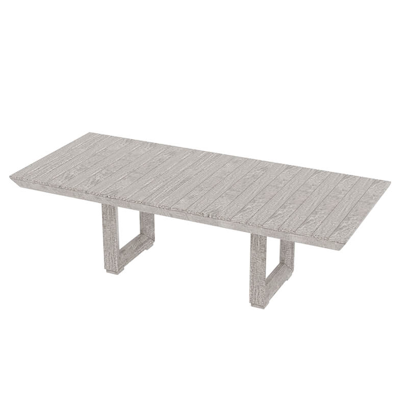 Detail of the farmhouse tables weathered gray finish and beveled top.
