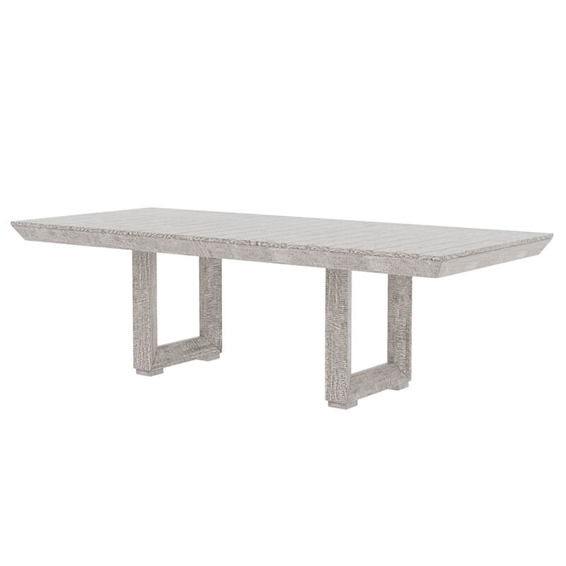Extended view of the rustic rectangular dining table with family gathered around.