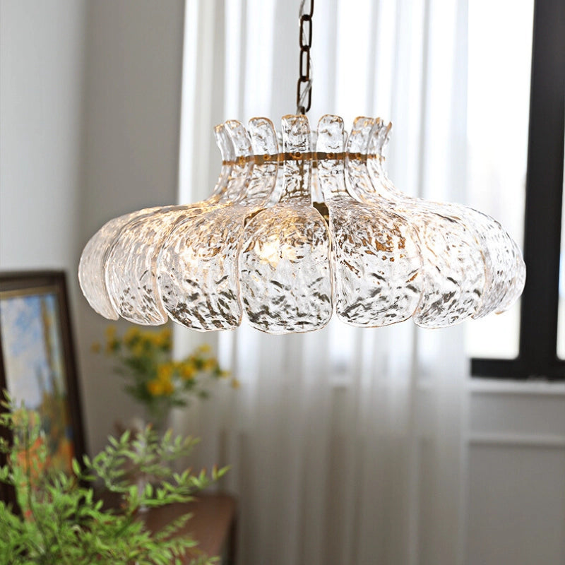 Close-up view of the flower petal design of the pendant light