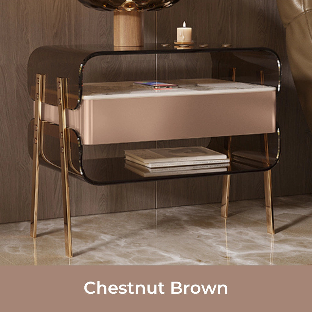 Close-up of the glossy lacquer finish on the nightstand drawer.