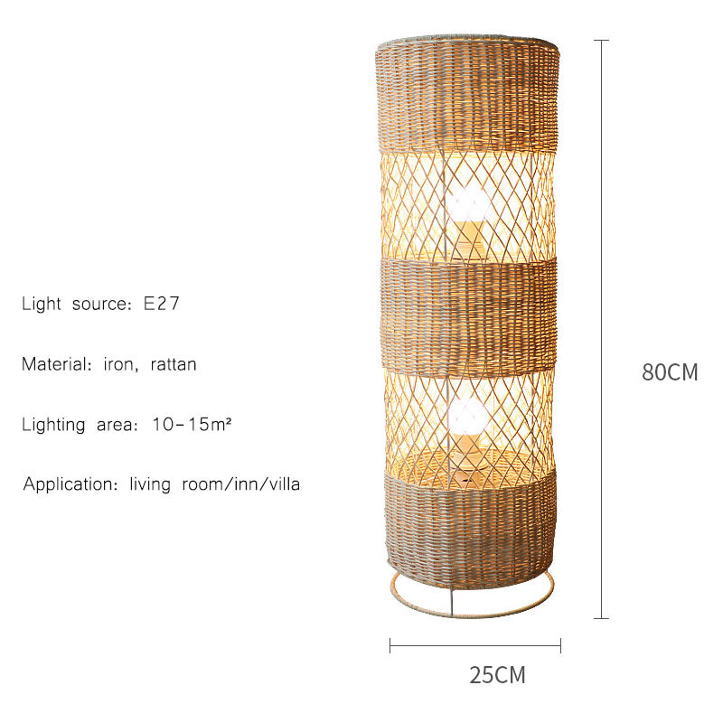 Close-up of the bamboo shade and rattan details of the floor lamp, showcasing its handwoven craftsmanship.