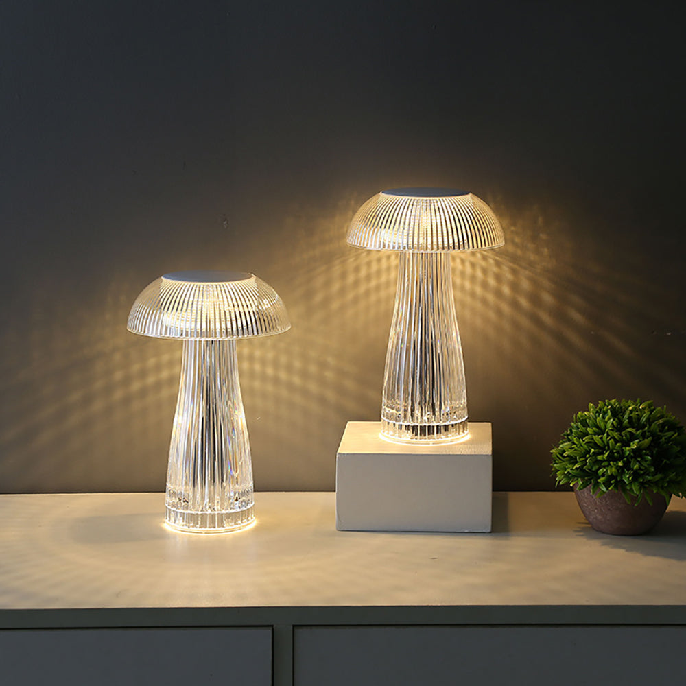 Luminous Mushroom Crystal LED Table Lamp showcasing soft ambient light in a dining setting.