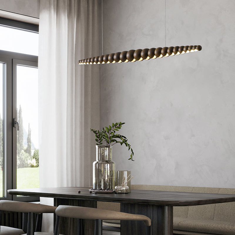 Close-up of the wooden design showcasing the craftsmanship of the pendant light.