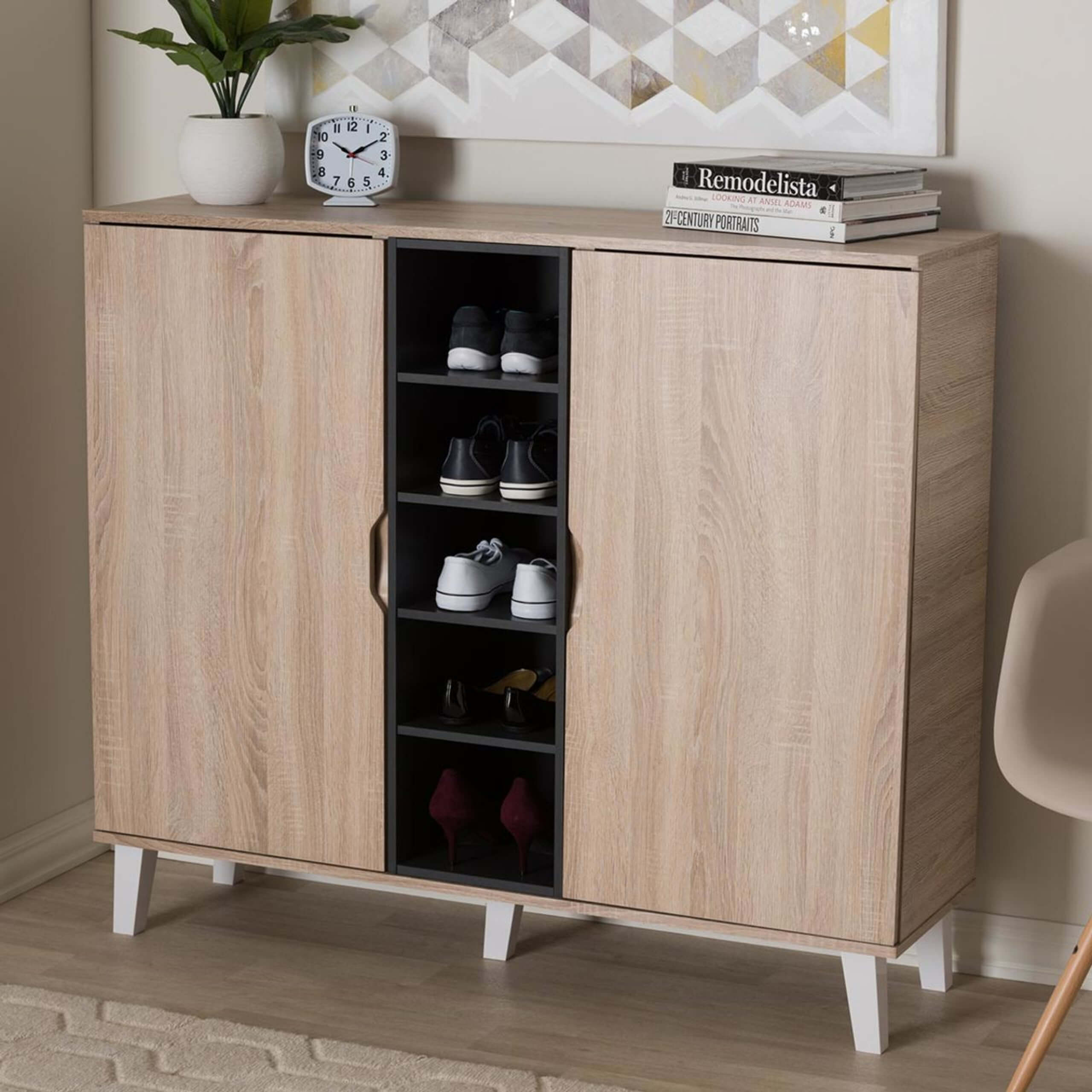 Front-facing view of modern cabinet showcasing oak and grey finish with open and closed shelving