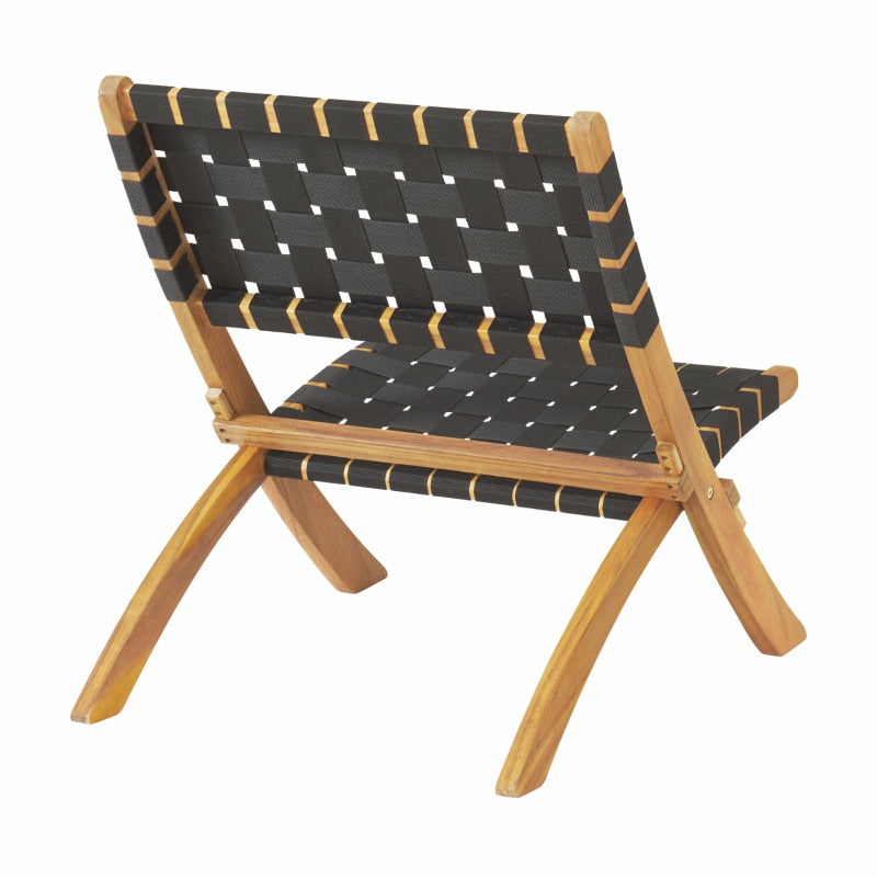 Close-up of black woven fabric and acacia wood finish of the patio furniture set.