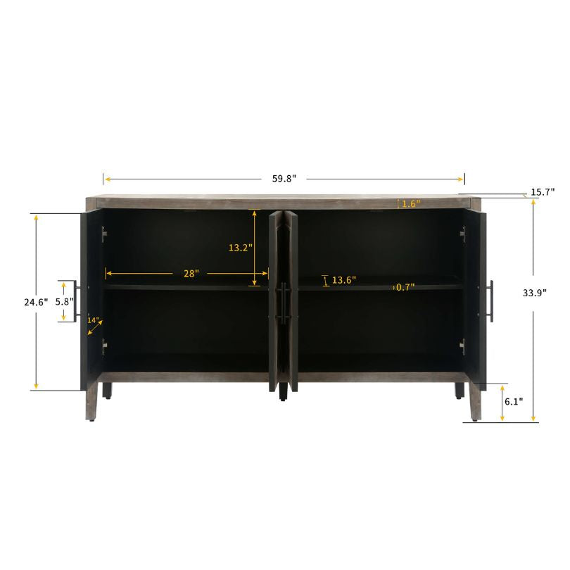 View of the antique grey wood sideboard showcasing its four doors and elegant metal handles.
