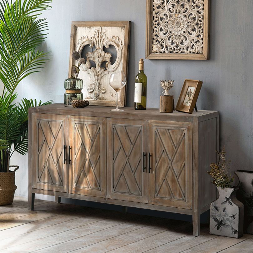 Close-up of the vintage wood sideboards soft-close doors and textured finish.