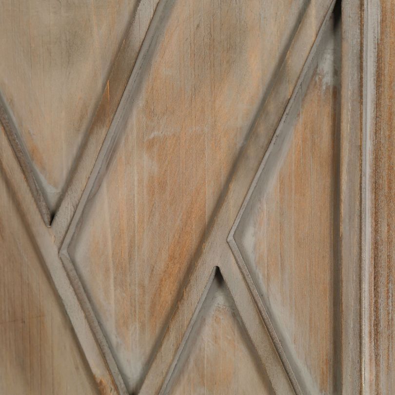 Close-up of the vintage wood sideboards soft-close doors and textured finish.