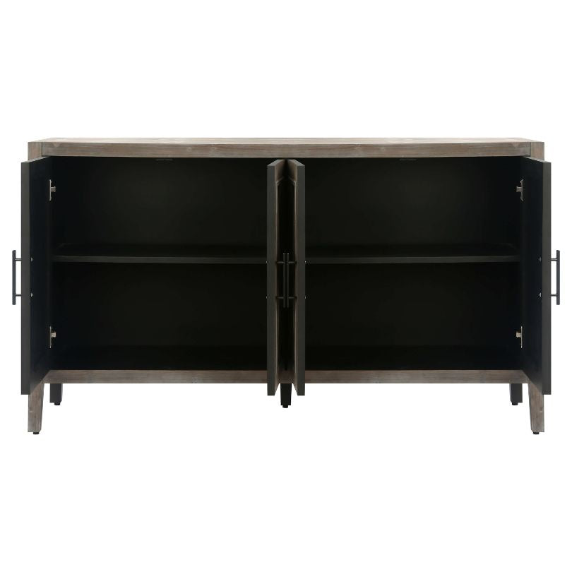 Close-up of the vintage wood sideboards soft-close doors and textured finish.