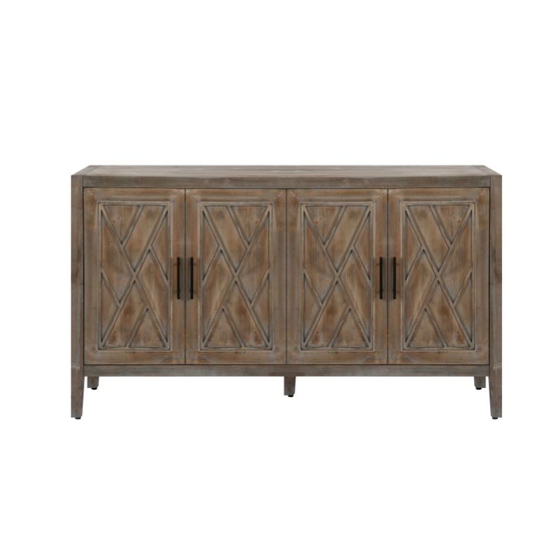 View of the antique grey wood sideboard showcasing its four doors and elegant metal handles.