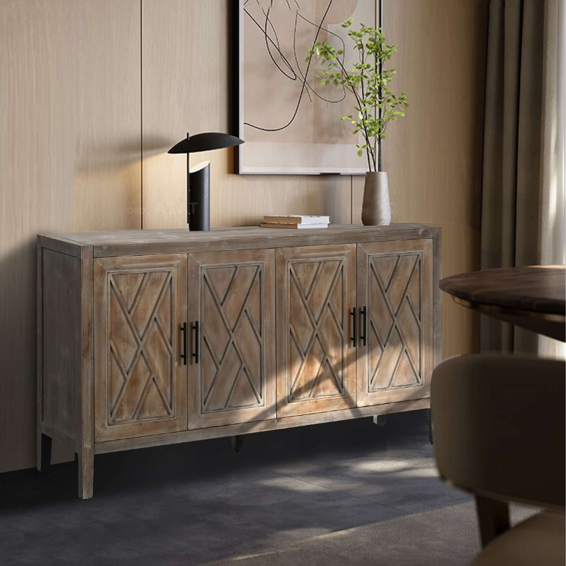 Antique grey sideboard styled in a living room setting, highlighting its versatile storage.