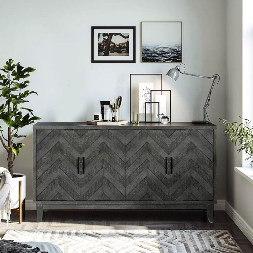 Interior view of the sideboard cabinets displaying adjustable shelves for versatile storage.