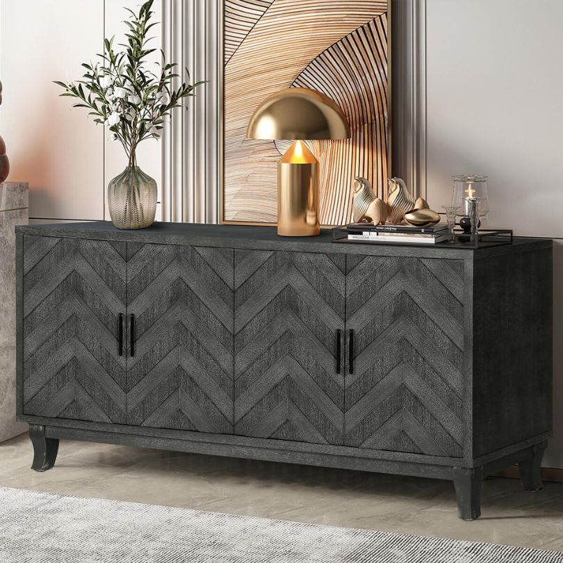 Interior view of the sideboard cabinets displaying adjustable shelves for versatile storage.