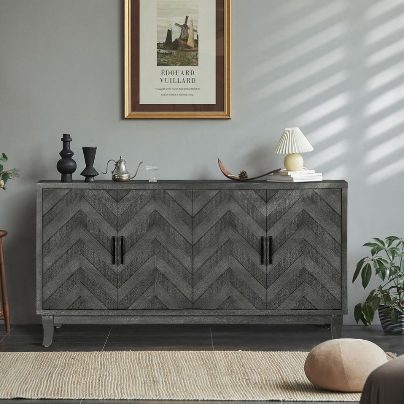 Side view of the vintage dark grey wood sideboard cabinet showcasing its stylish design.