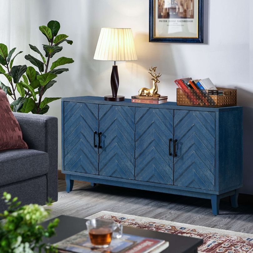 Vintage Navy Blue Sideboard Cabinet with 4 Doors - Image 3