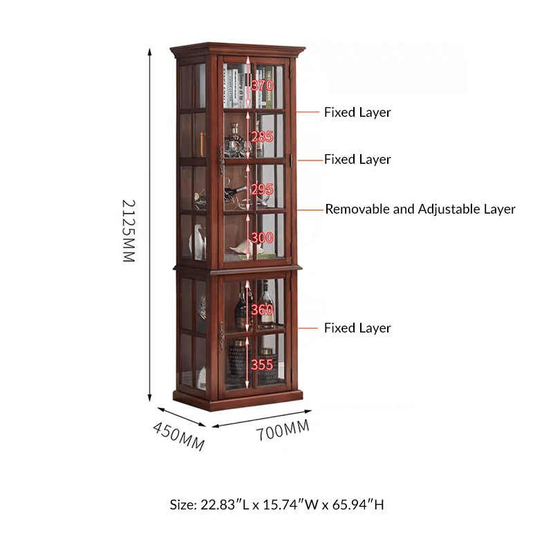 Elegant antique wine cabinet showcasing a wine collection through glass doors from a frontal view.