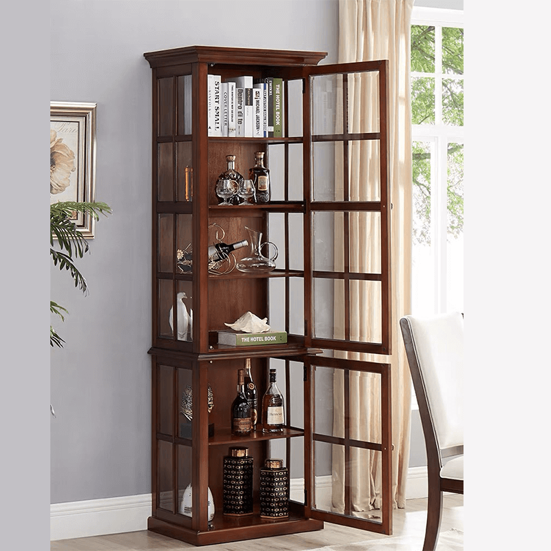 Side view of the antique wine display cabinet highlighting its spacious shelves and walnut finish.