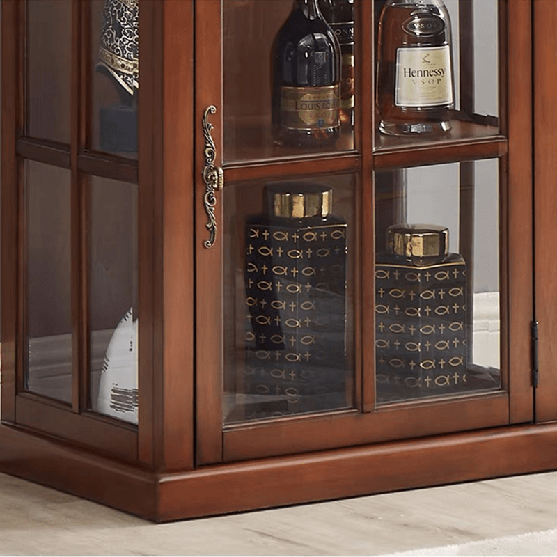 Side view of the antique wine display cabinet highlighting its spacious shelves and walnut finish.
