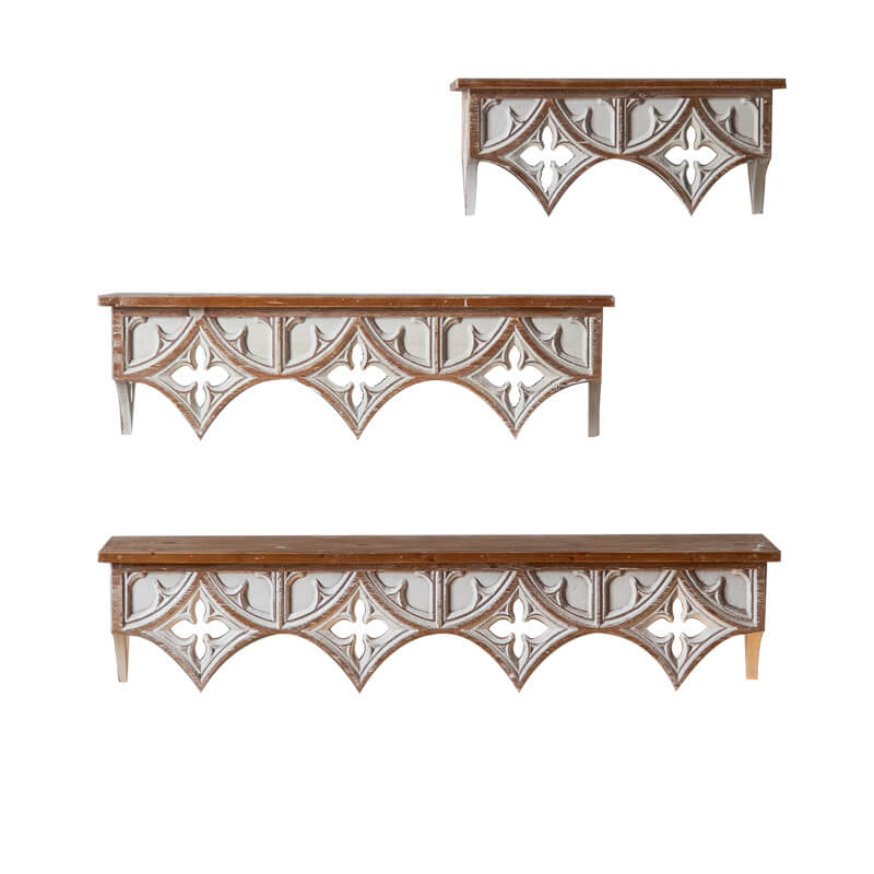 Vintage Charm Wall Shelf showcasing its hand-carved design in a cozy living room setting.