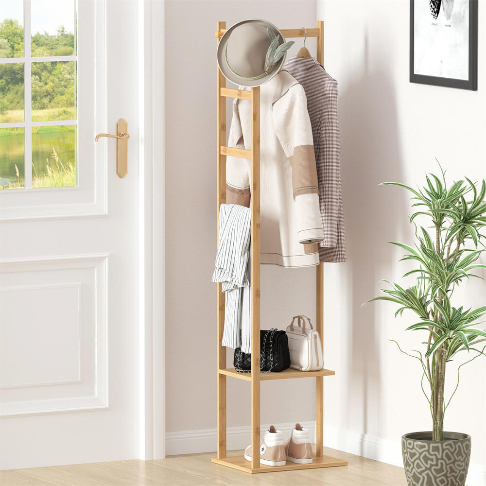 Side view of the stylish bamboo coat rack showcasing its shelves and hooks.