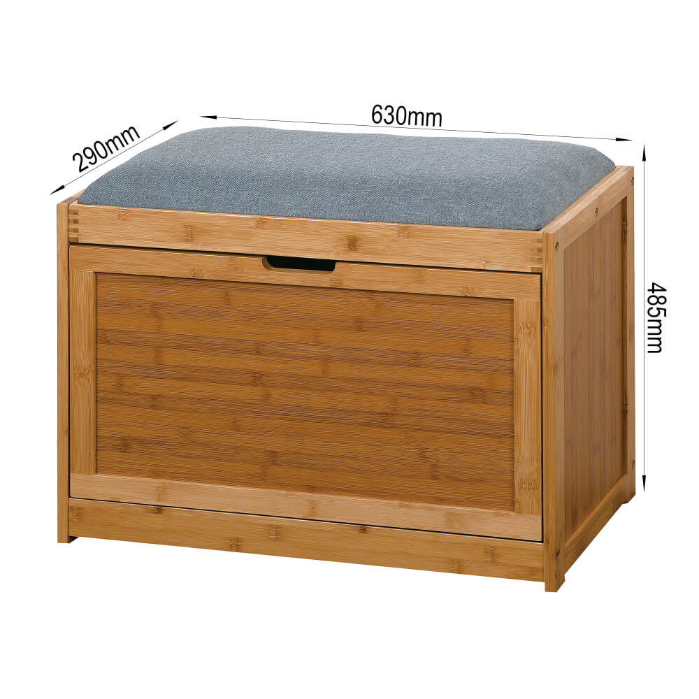 Close-up view of the flip drawer feature on the bamboo shoe bench, highlighting the storage capacity for shoes.