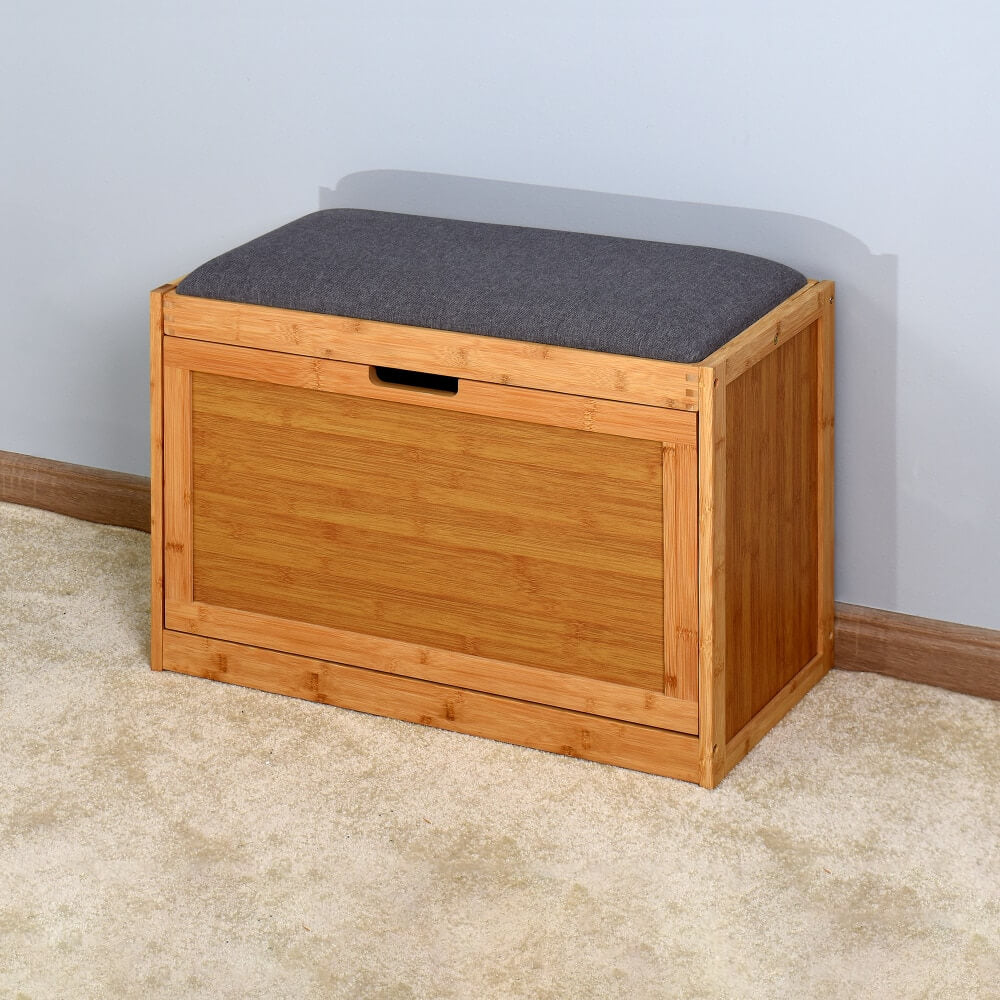 Stylish entryway setup featuring the bamboo storage bench, emphasizing its role in home organization.