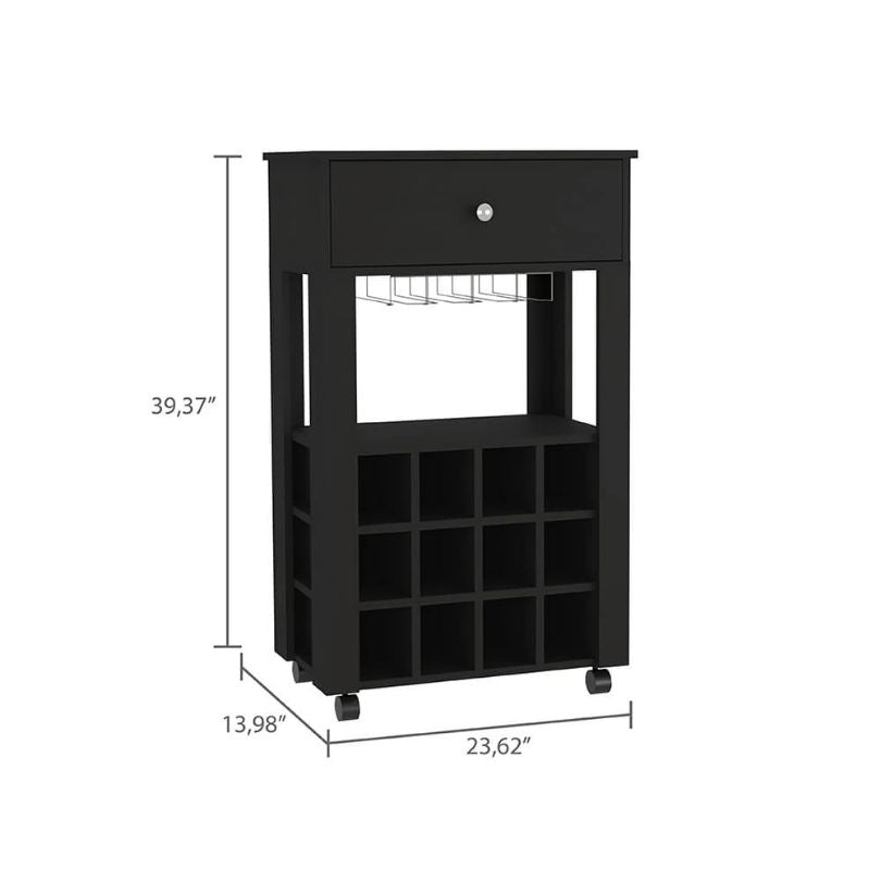 Side profile of black bar cart styled in a cozy home bar setting