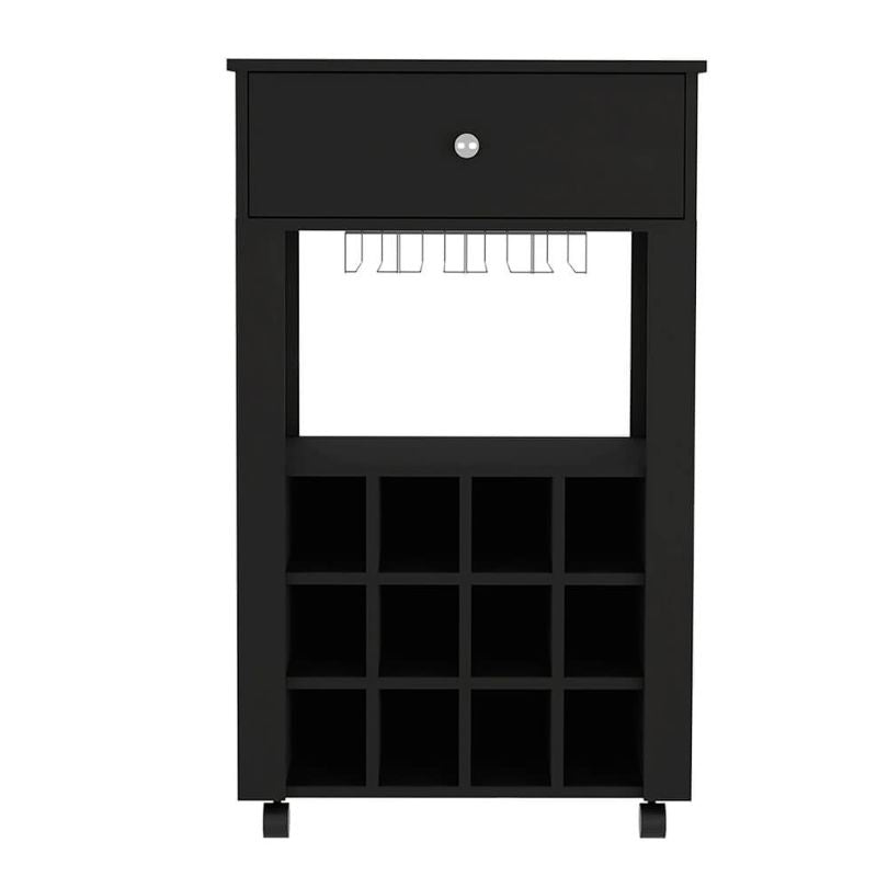 Angled front view of modern home bar cart with wheels and 12 wine cubbies