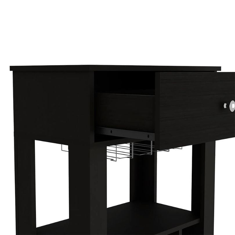 Angled front view of modern home bar cart with wheels and 12 wine cubbies