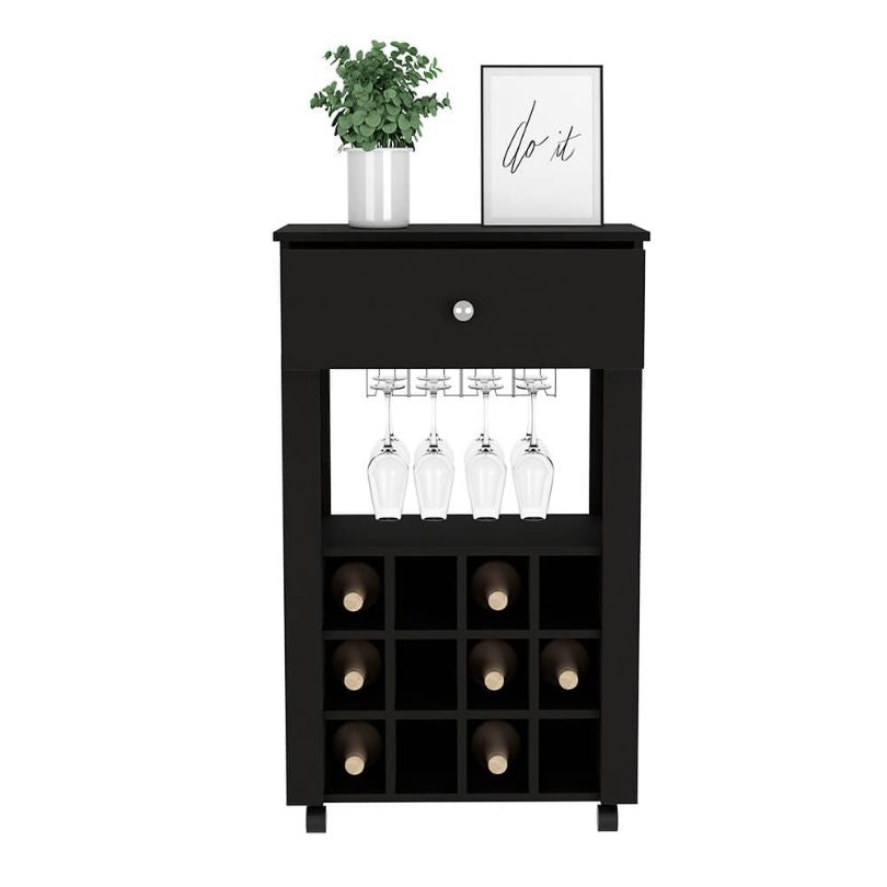 Side profile of black bar cart styled in a cozy home bar setting