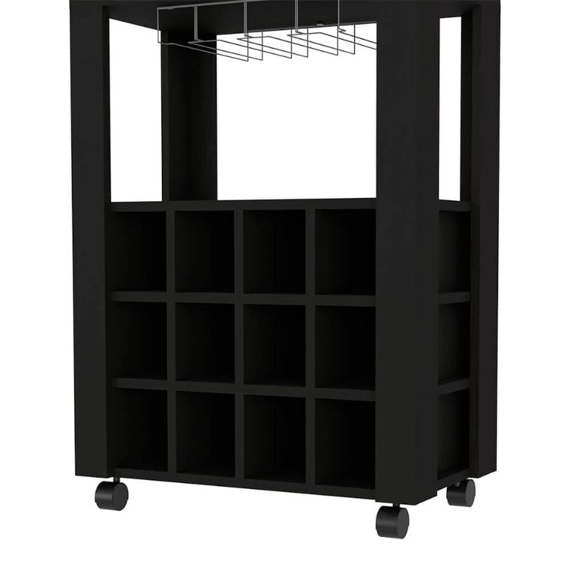 Side profile of black bar cart styled in a cozy home bar setting