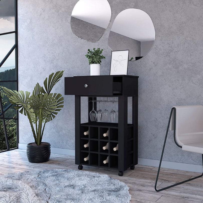 Angled front view of modern home bar cart with wheels and 12 wine cubbies